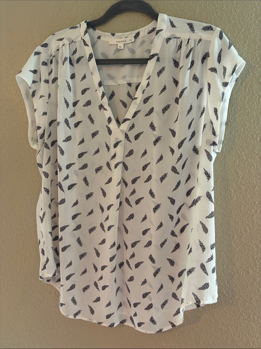 fun 2 fun White Blouse with Black Feather Print